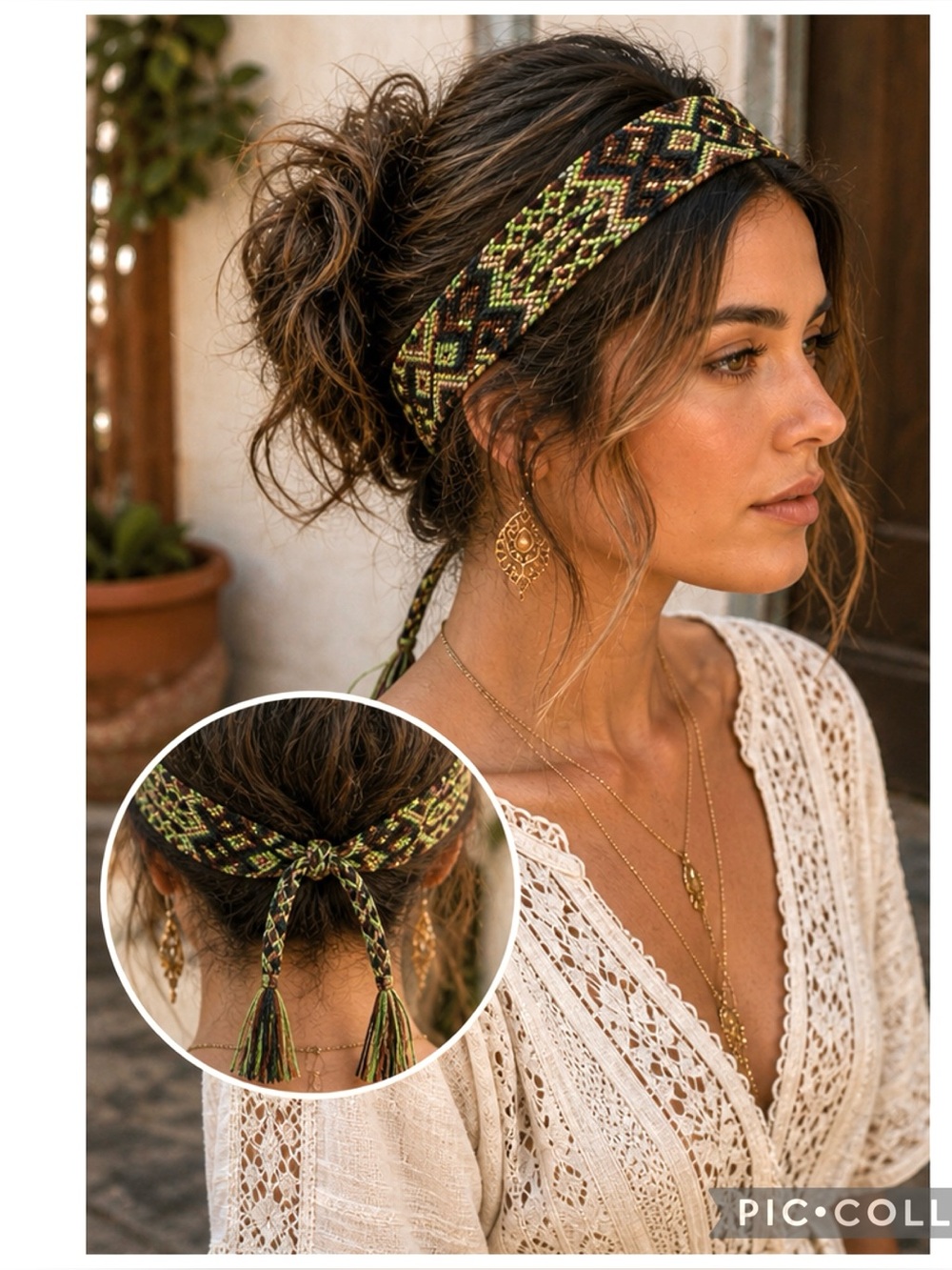 Boho Woven Headband Hat Band Green Brown Tie Back Festival Hair Wrap